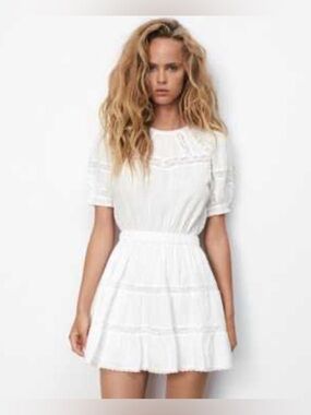 Zara White Lace-Detail Tiered Mini Dress